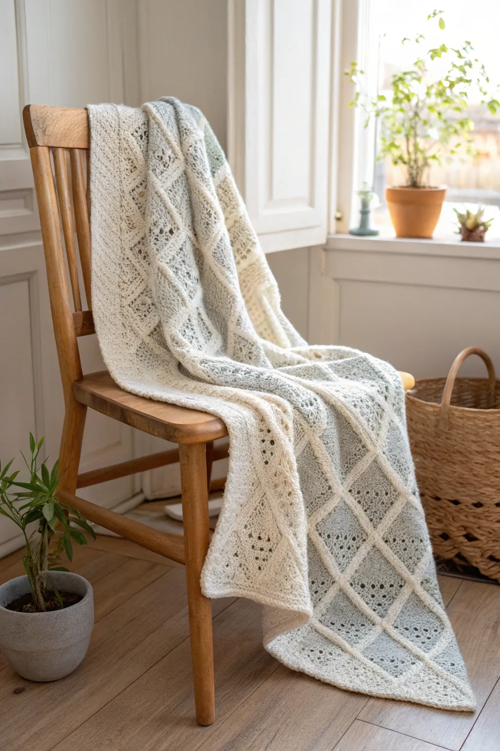 Delicate Lattice: Elevate your nursery with this exquisite crochet blanket, where minimalist design meets boho charm.