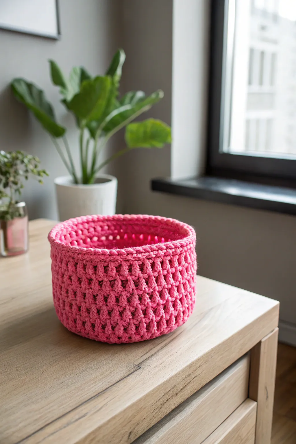 Add a pop of color with this vibrant neon pink crochet basket, perfect for brightening any space!