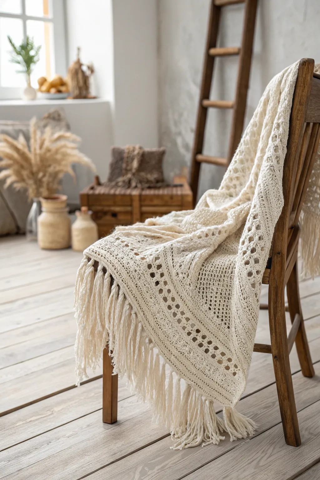 Add a touch of bohemian elegance to your space with a fringed crochet masterpiece. 🌿✨ #BohoFringe #ScandiBoho #CrochetArt