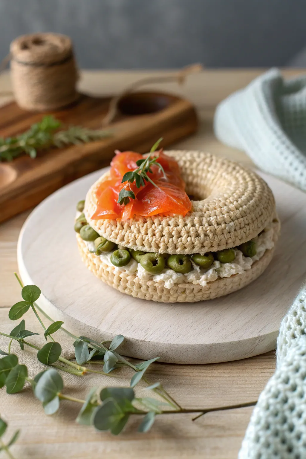 A delightful twist on brunch decor: crochet your own bagel with lox! 🍽️🧶 #CraftedWithLove