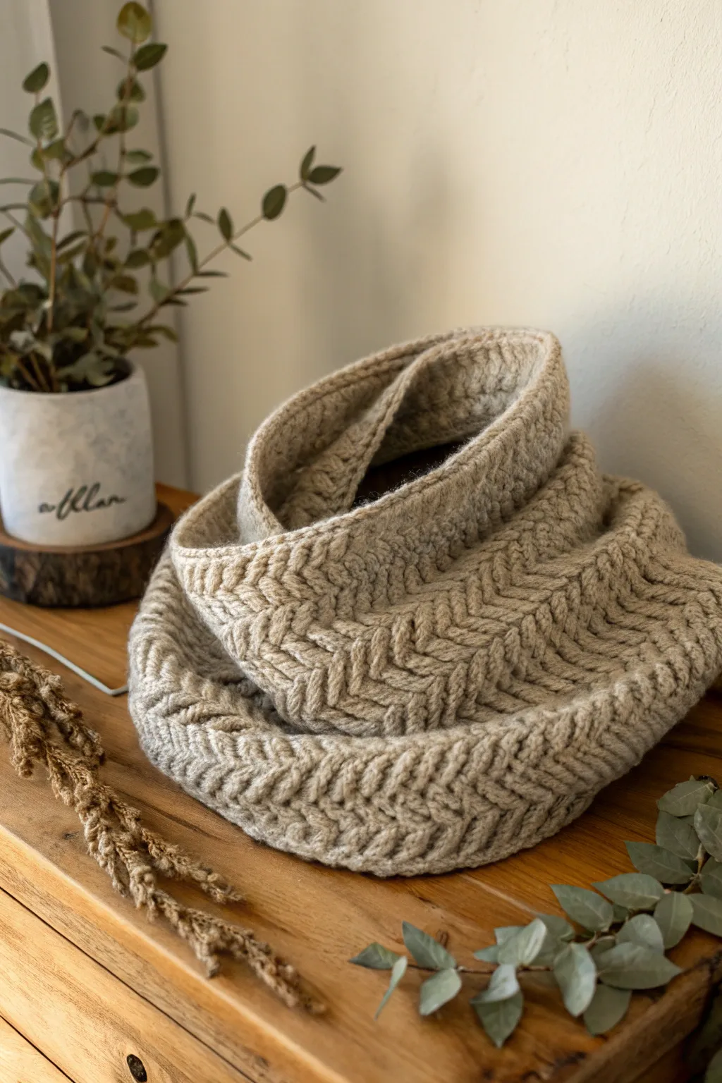Elevate your wardrobe with this luxurious herringbone crochet cowl, a perfect blend of Scandinavian minimalism and Boho elegance.