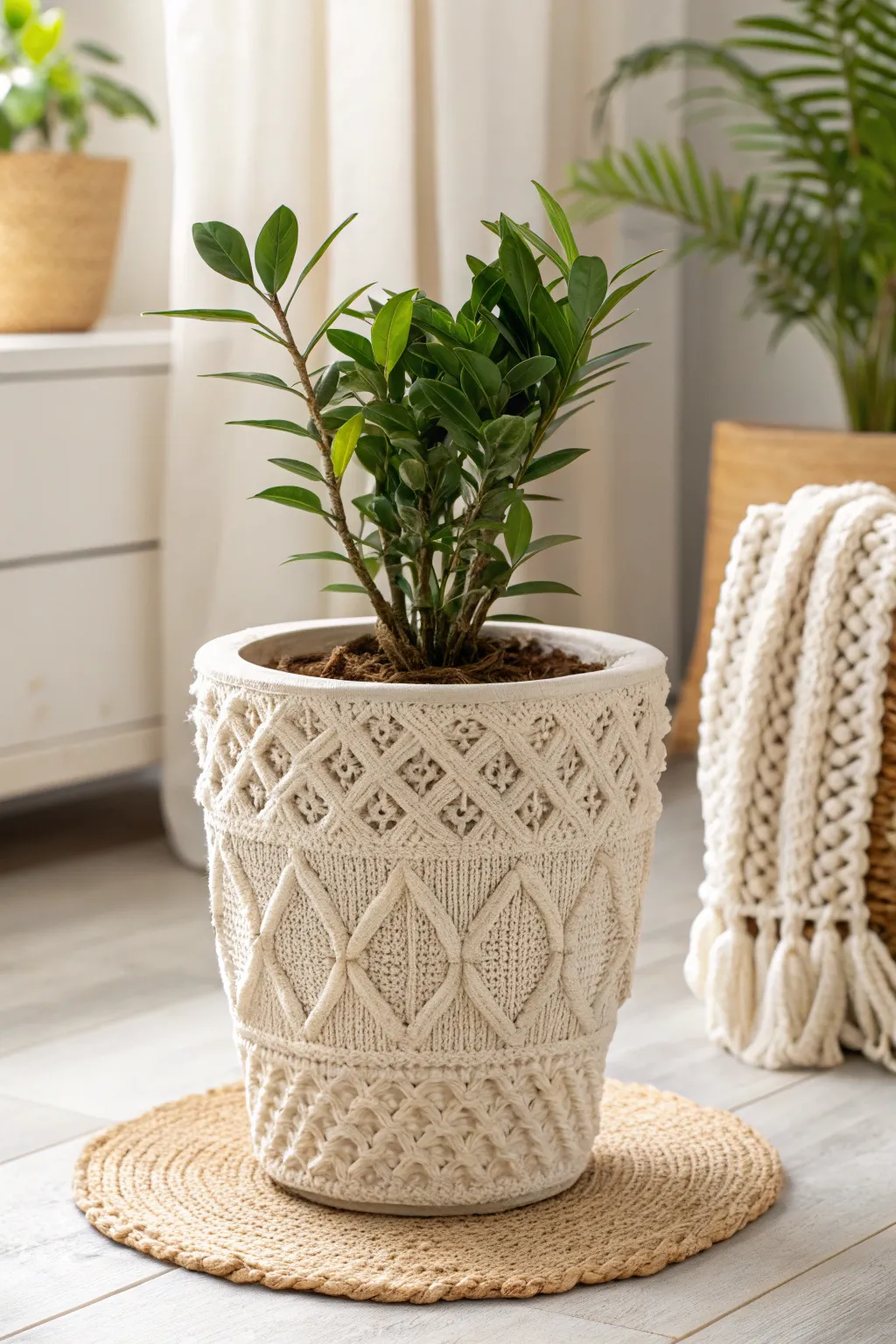 Elevate grandma's indoor garden with a chic crochet pot cover, a perfect blend of simplicity and natural beauty.