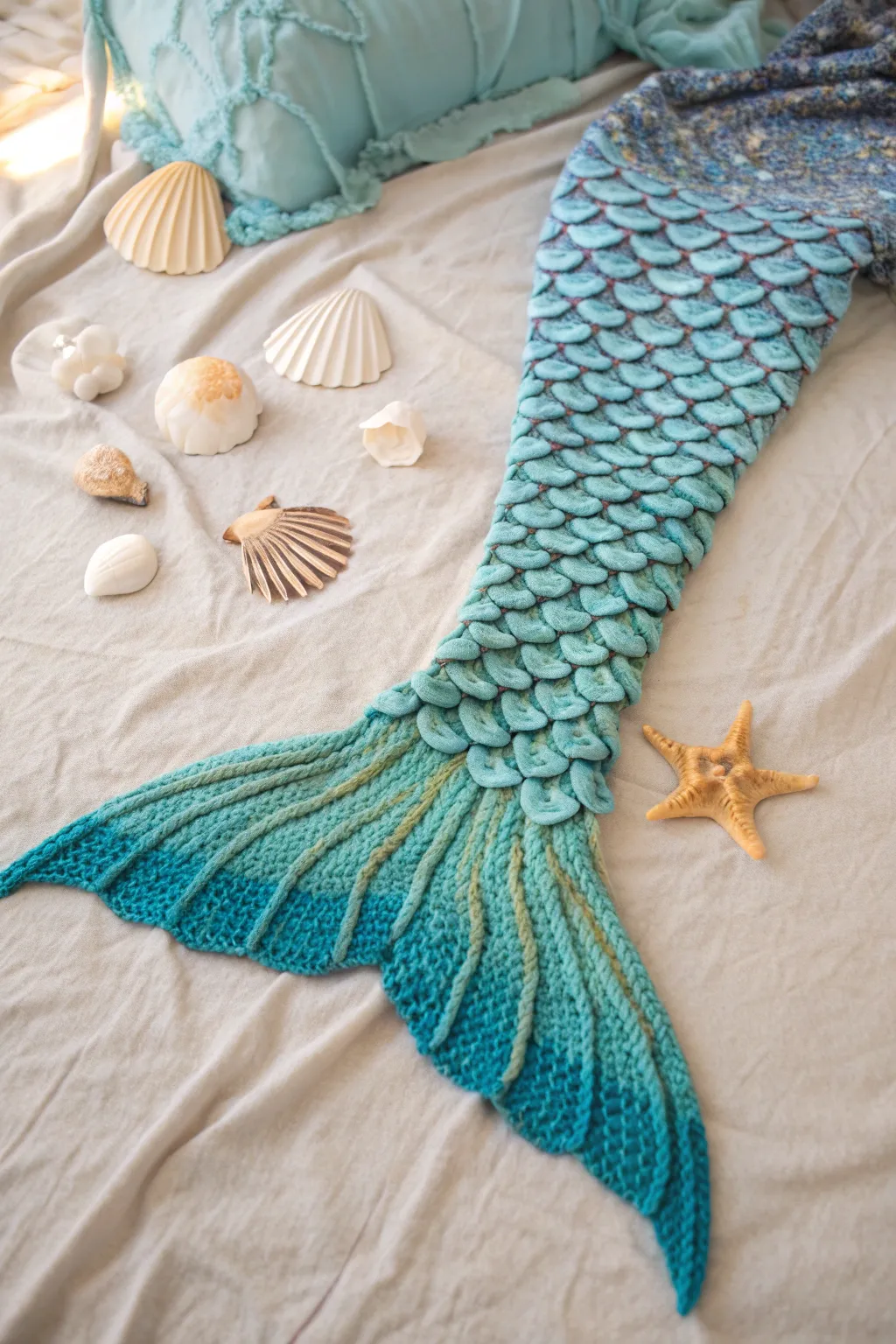 Dive into enchantment with this exquisite crochet mermaid tail, where craftsmanship meets oceanic elegance.