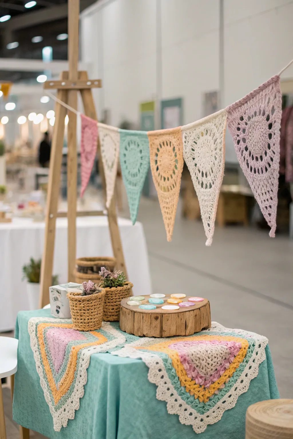 Transform your market stall with the charm of crochet bunting and tablecloths for a cozy, welcoming touch.