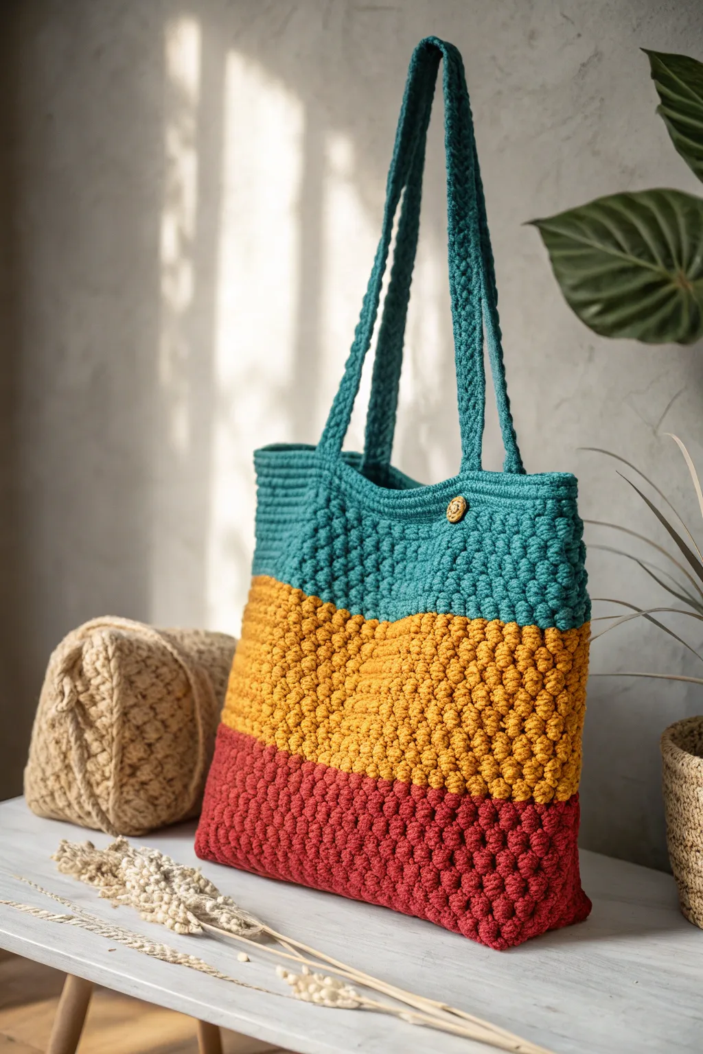 Elevate your style with this bold color-blocked crochet tote, where modern design meets artisanal charm.