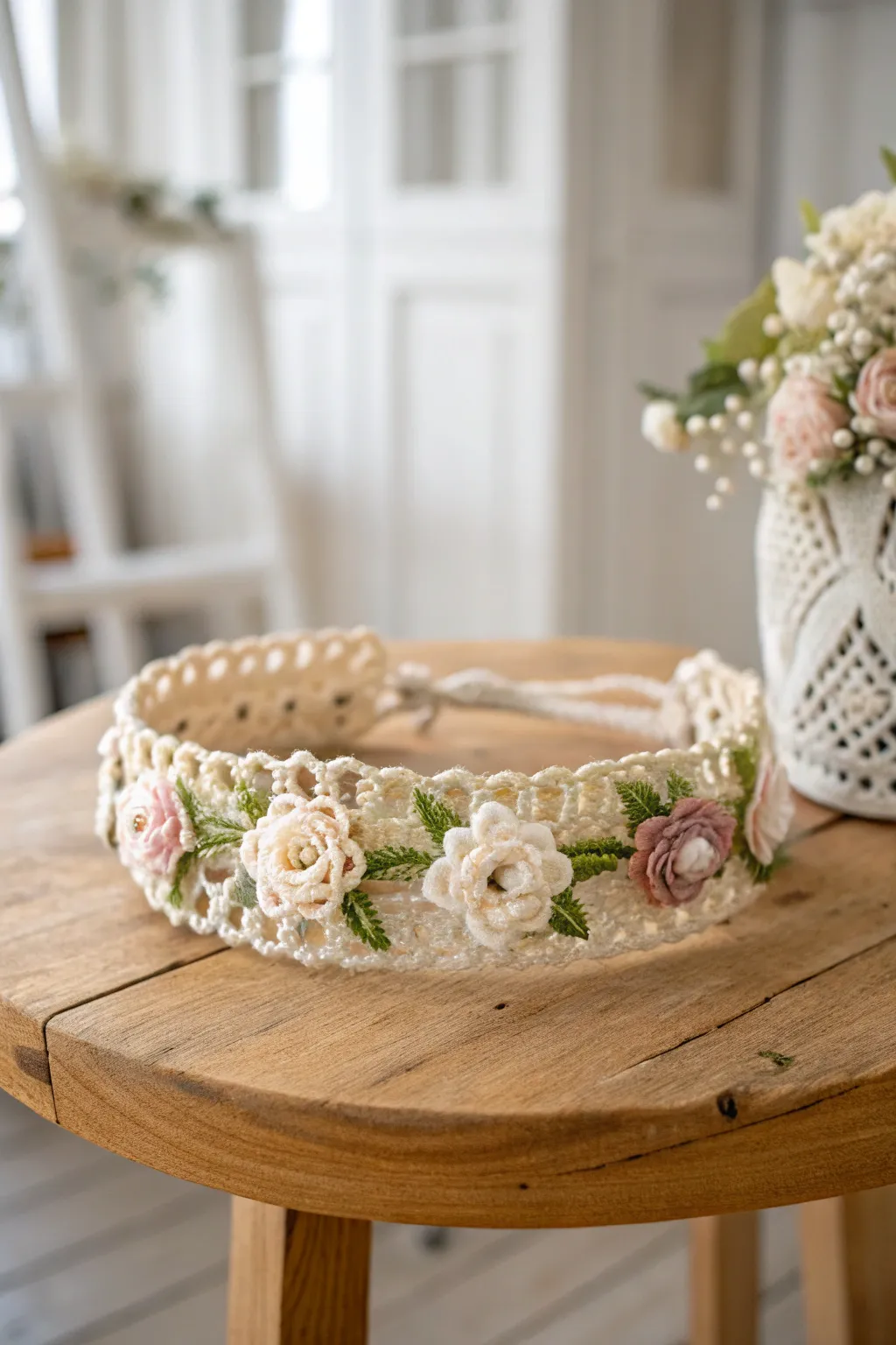 Elevate your bridal look with a handcrafted crochet headdress, blending minimalist elegance with boho charm.
