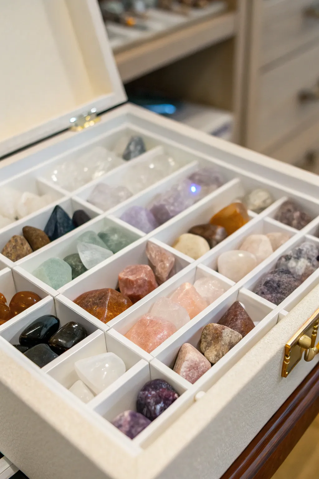 A well-organized drawer with crystals sorted into compartments.