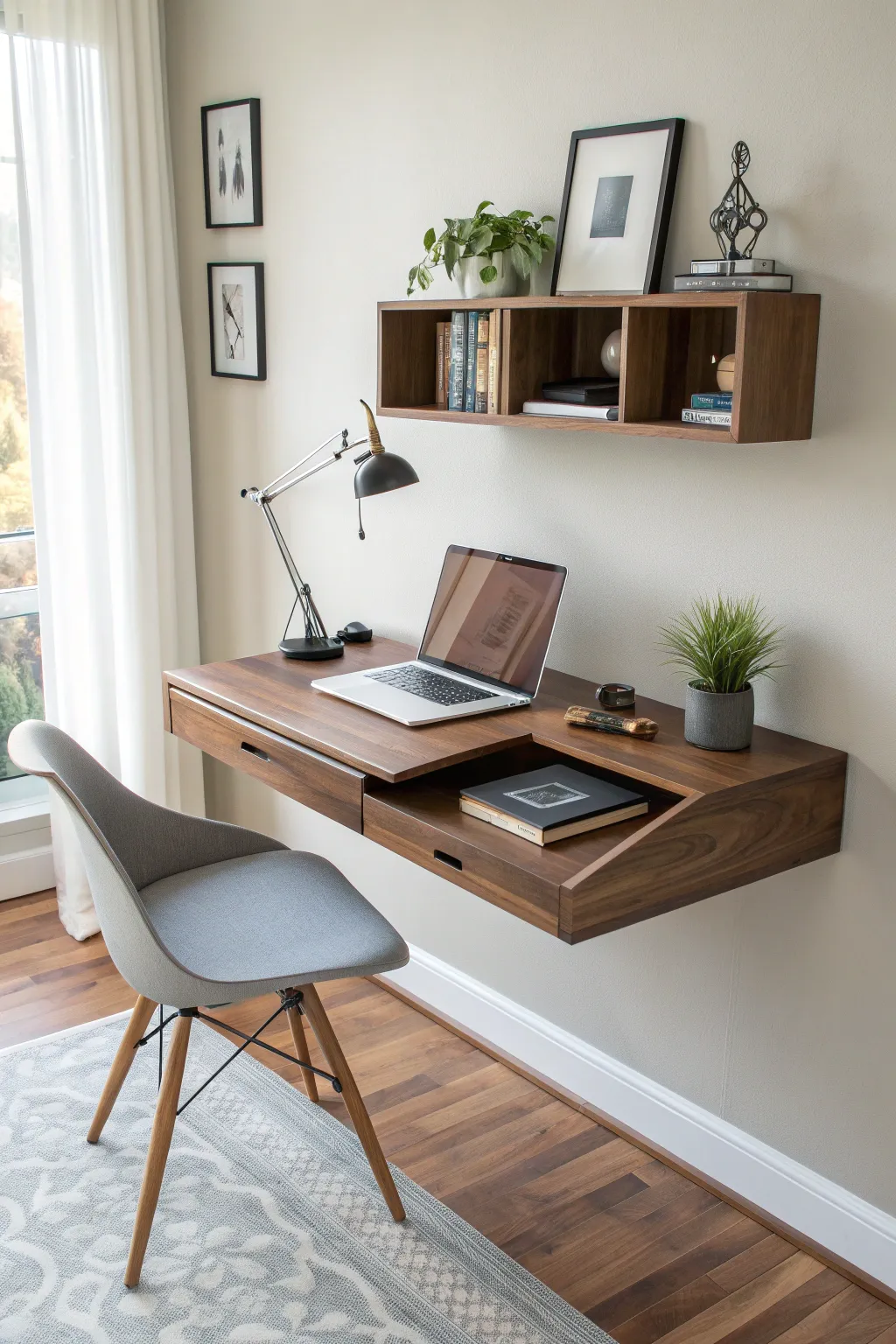 Elevate your workspace with a floating desk that combines form and function seamlessly.