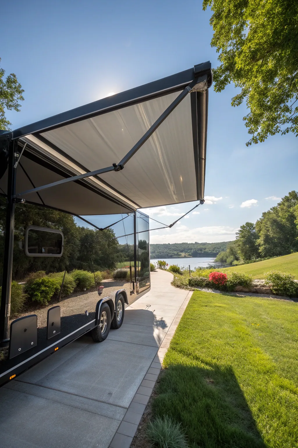 Stay cool in style: Embrace the shade with custom retractable awnings for your landscape trailer.