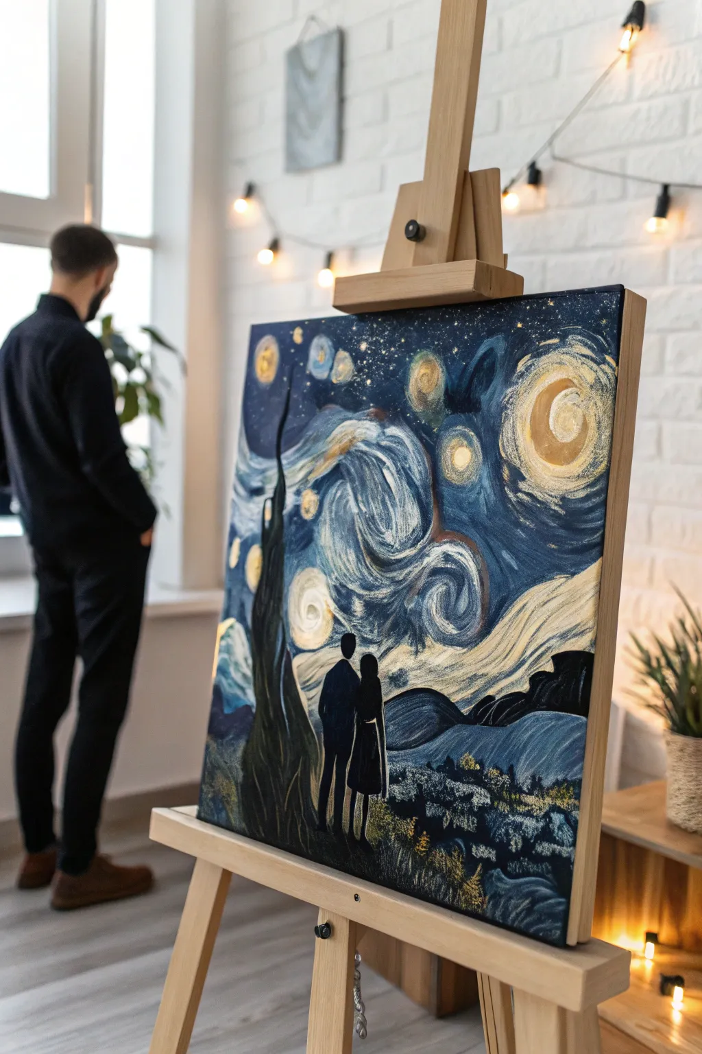 Embrace a magical night with our Couple's Starry Night canvas – where love meets artistry under golden stars.