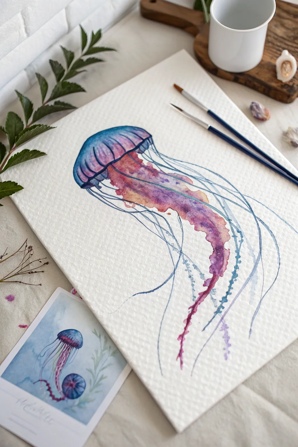 Add a splash of aquatic charm with this vibrant jellyfish painting, perfect for any minimalist space.