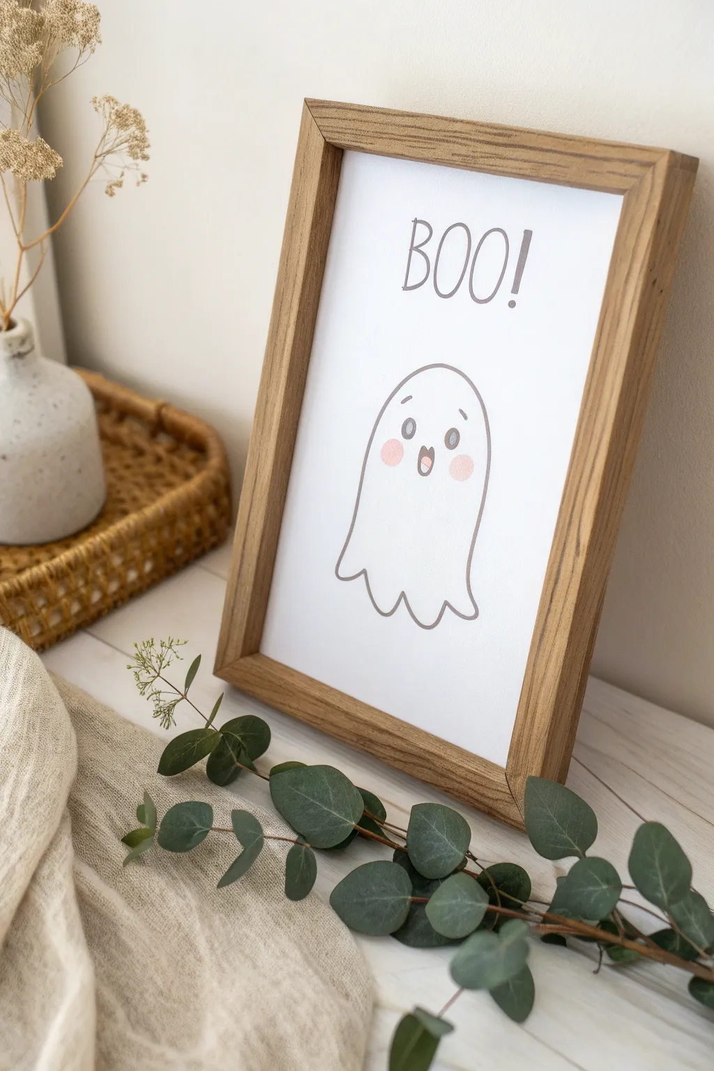 Boo! A charming whisper from a minimalist ghost, perfect for adding a playful touch to your space.