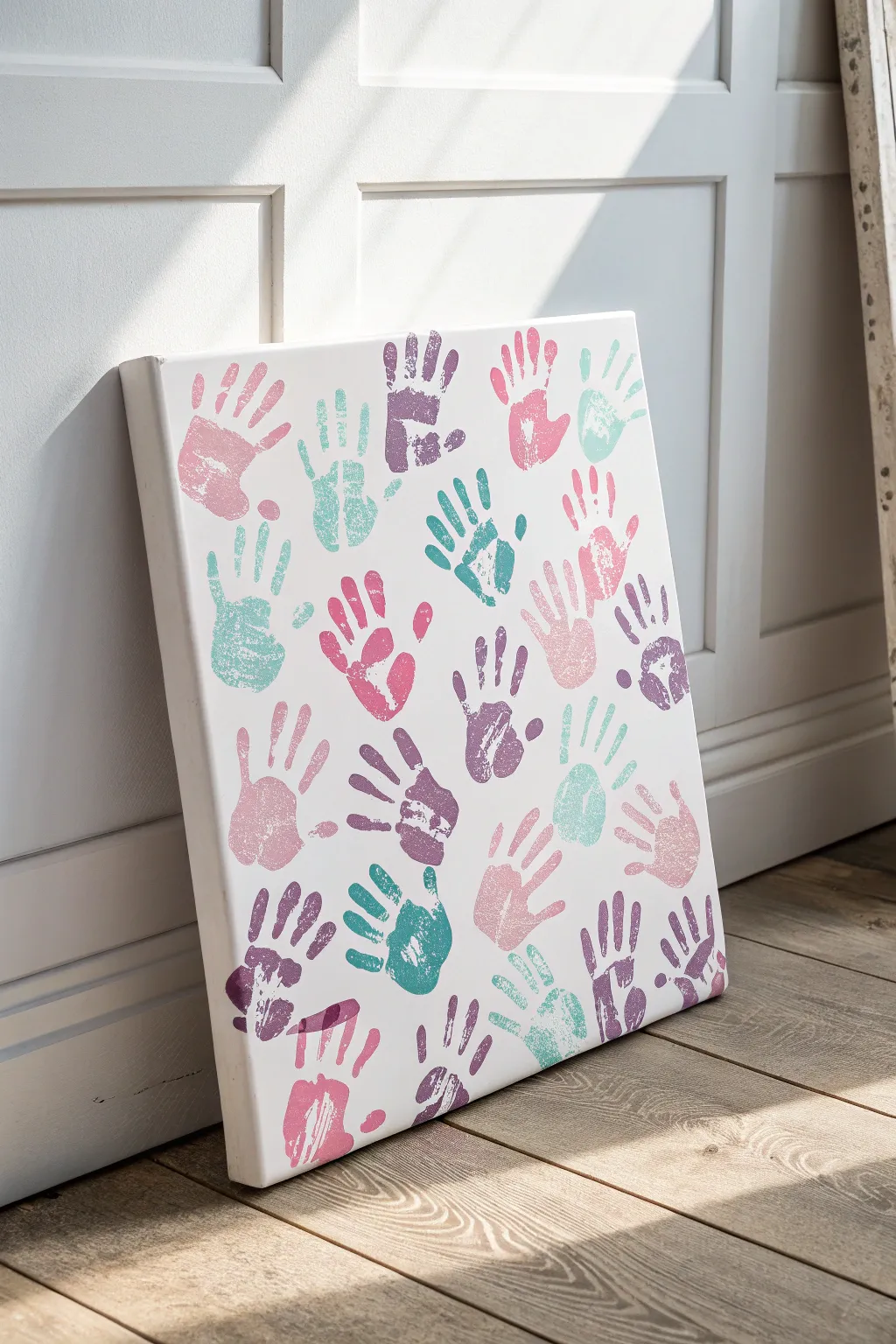 Add a splash of playful elegance to your space with multicolored handprint art. Perfect for a touch of creativity on your wall!
