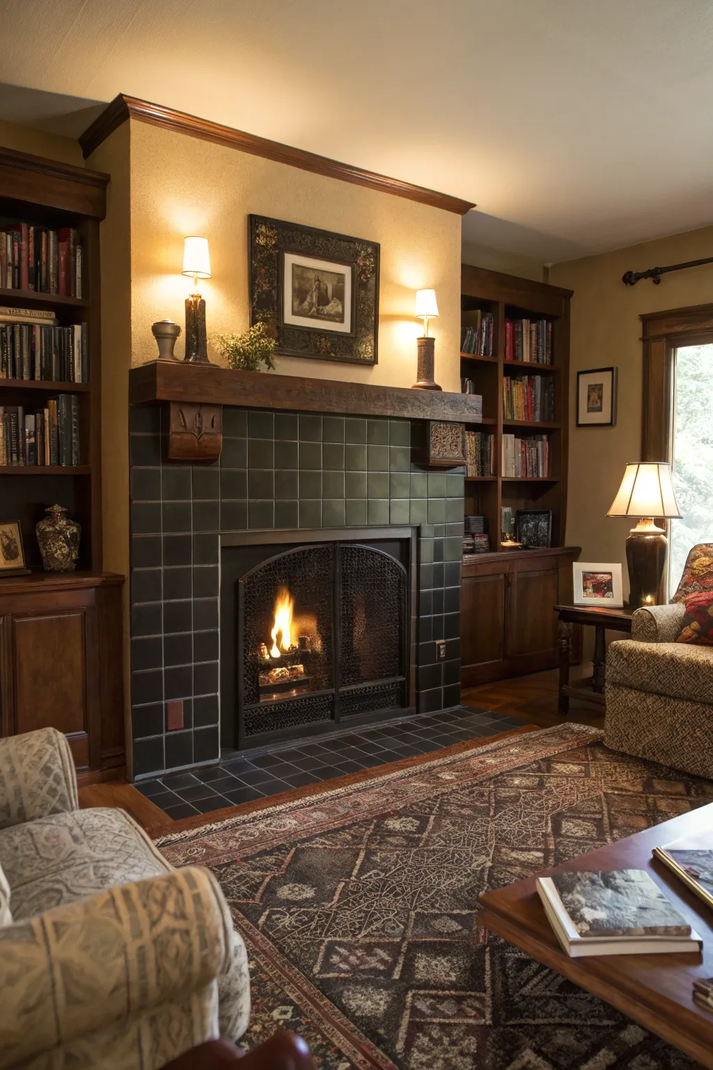 A sophisticated fireplace with dark tile surround.