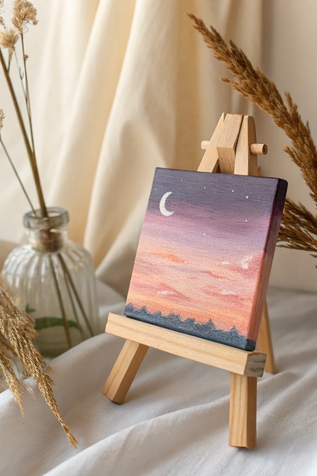 Capture the serene transition of day to night with a minimalist sunset and moonrise canvas, perfect for adding a touch of natural beauty to your creative space.