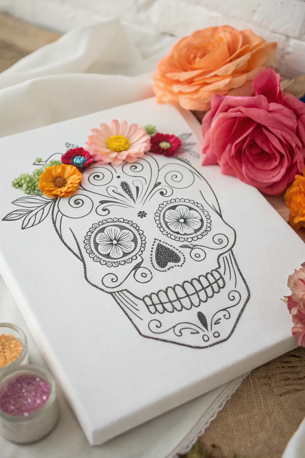 Elevate your Day of the Dead decor with this stunning mixed media skull art, where simplicity meets vibrant creativity.