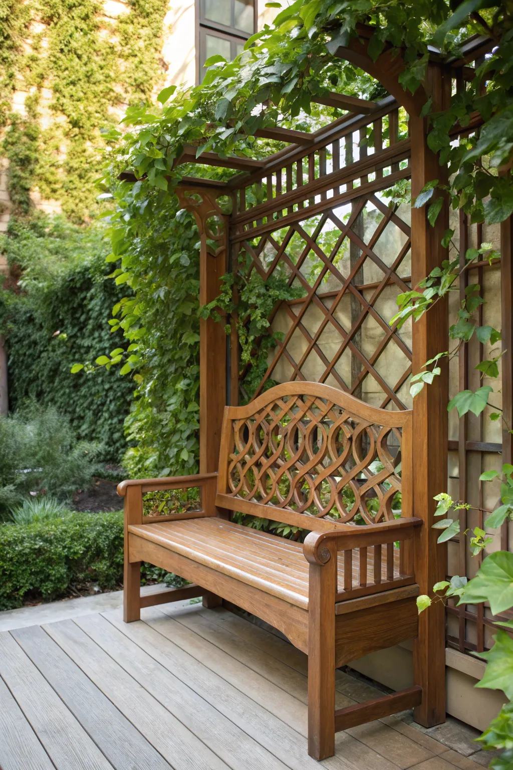 Elevate your deck's privacy with a stylish high-back bench featuring a lush trellis design.