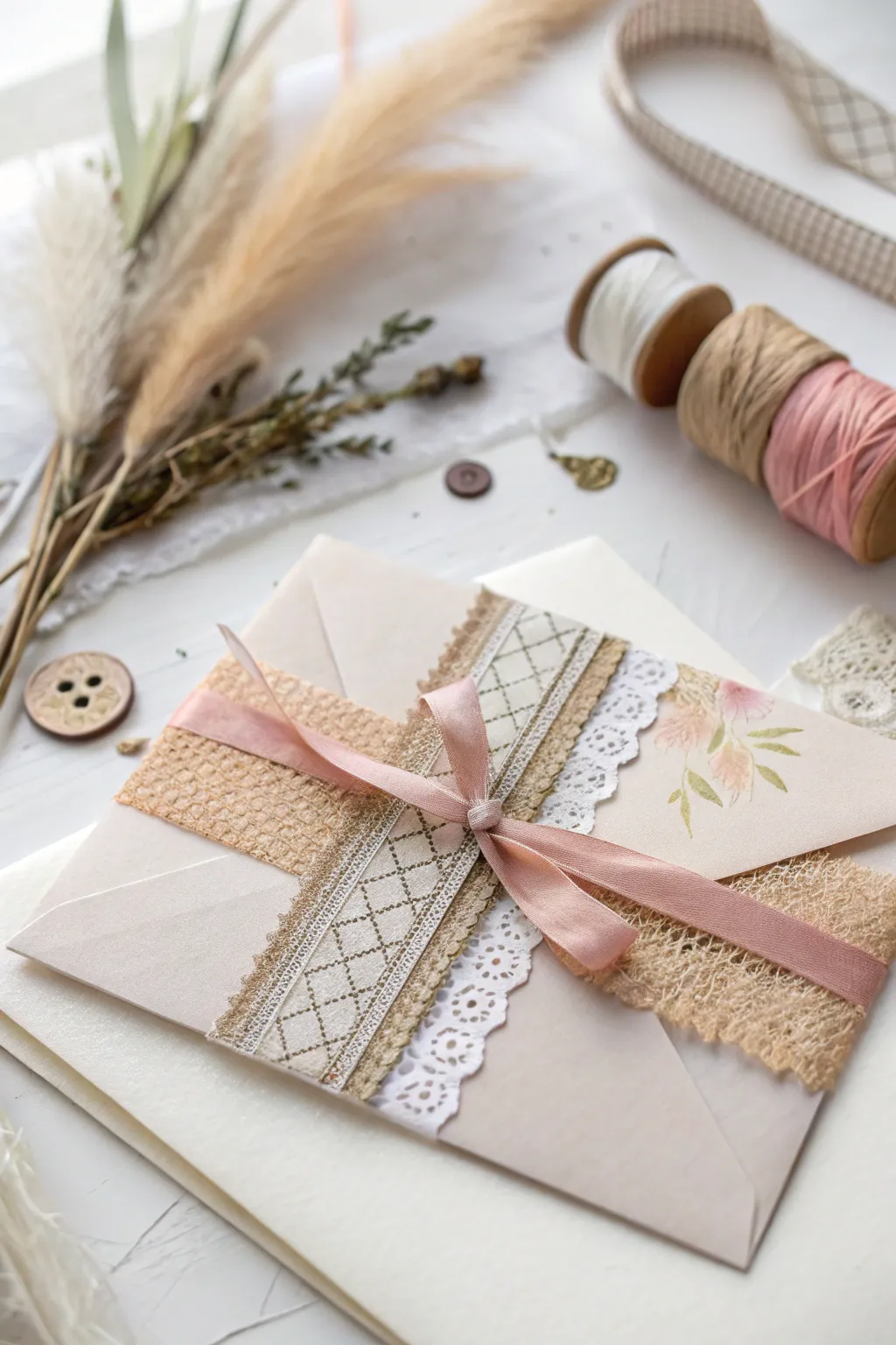 Elevate your envelope game with layered mesh ribbons for a touch of minimalistic elegance.