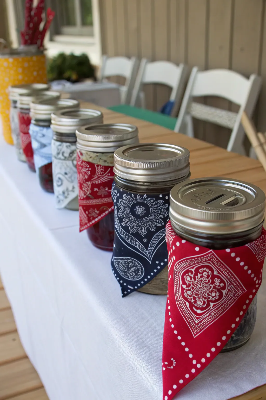 Rustic charm with bandana-covered jars.