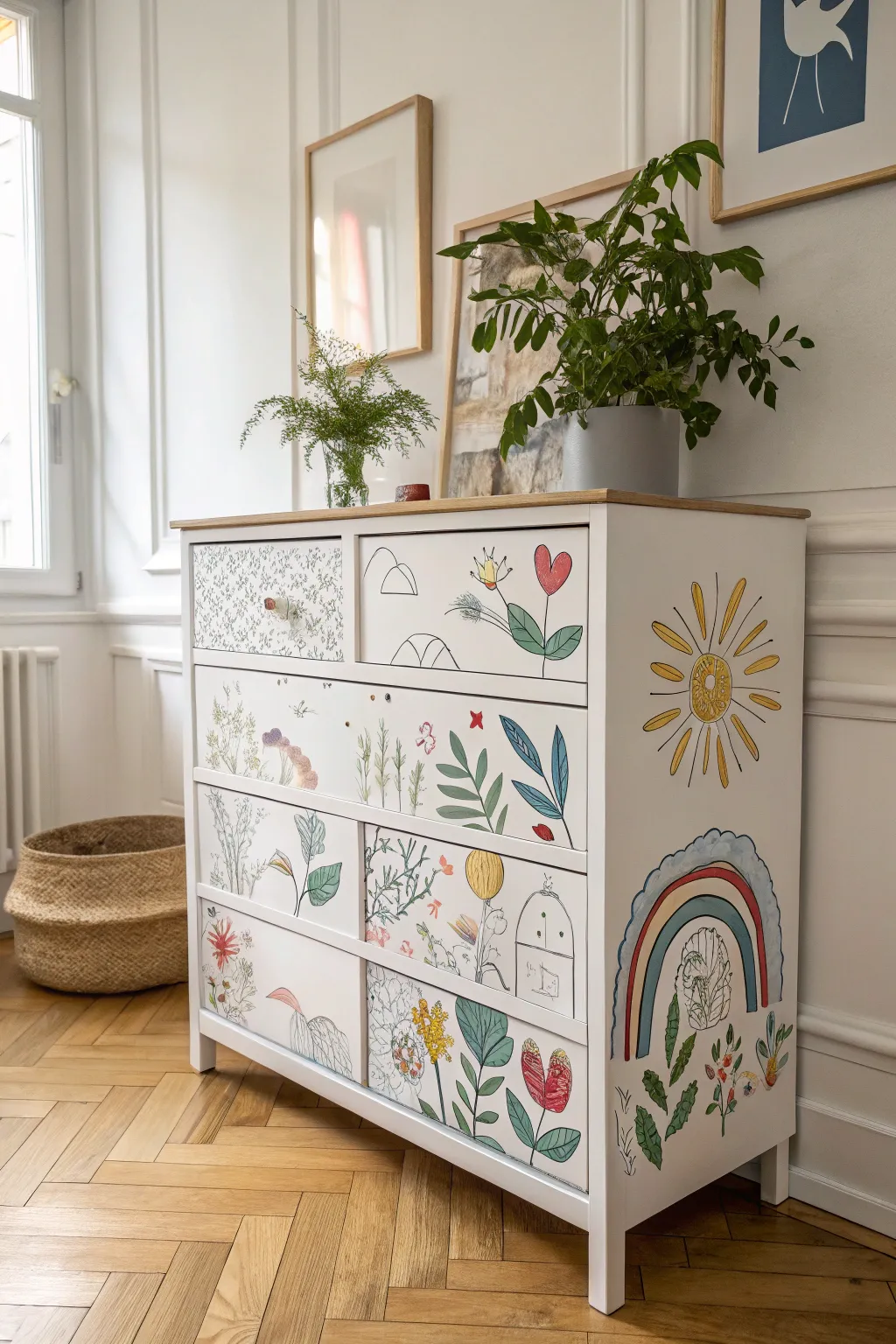 Transform your child’s artwork into a stunning decoupage dresser. A perfect blend of creativity and minimalist design!