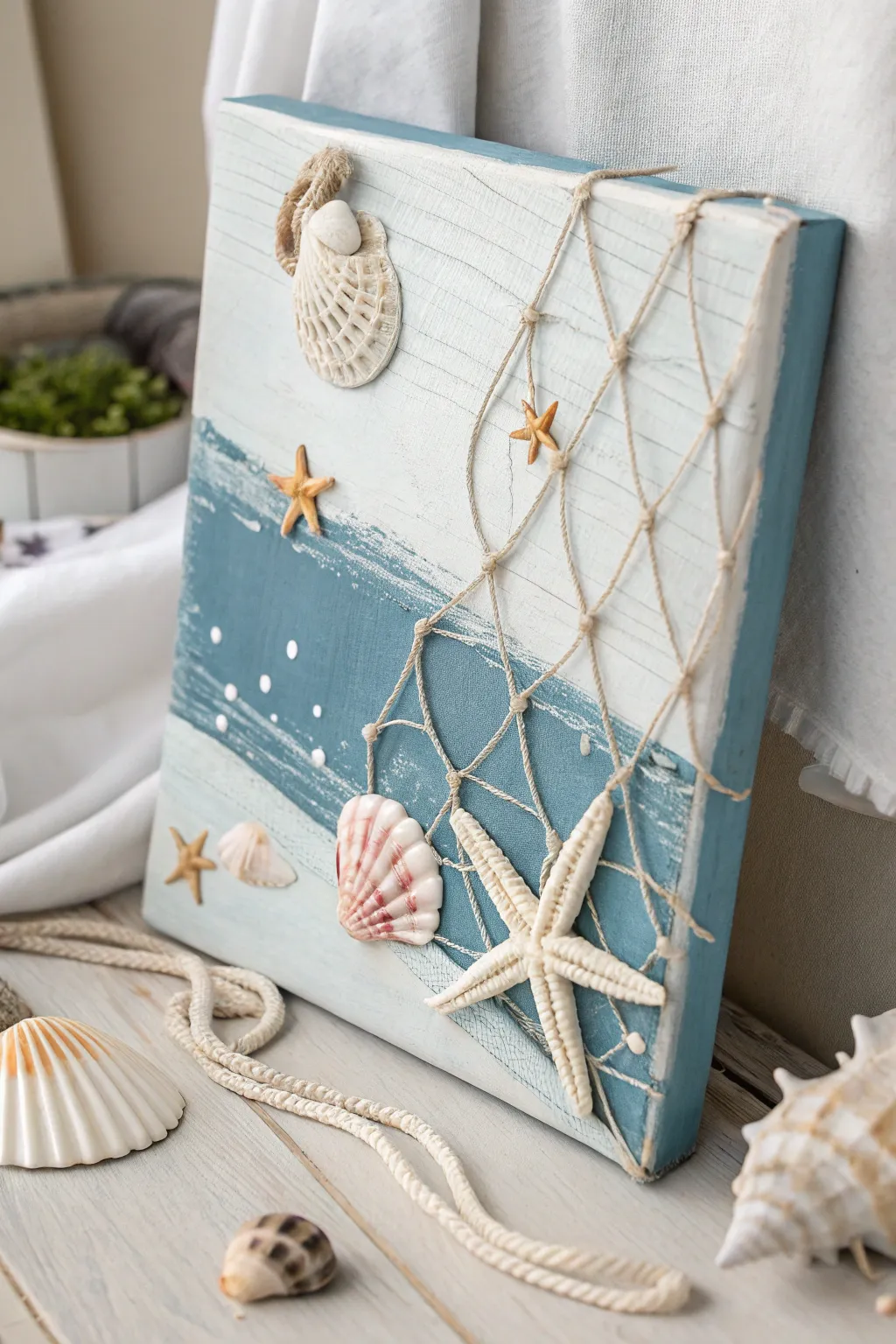 Embrace coastal serenity with this elegant nautical-themed decoupage canvas.