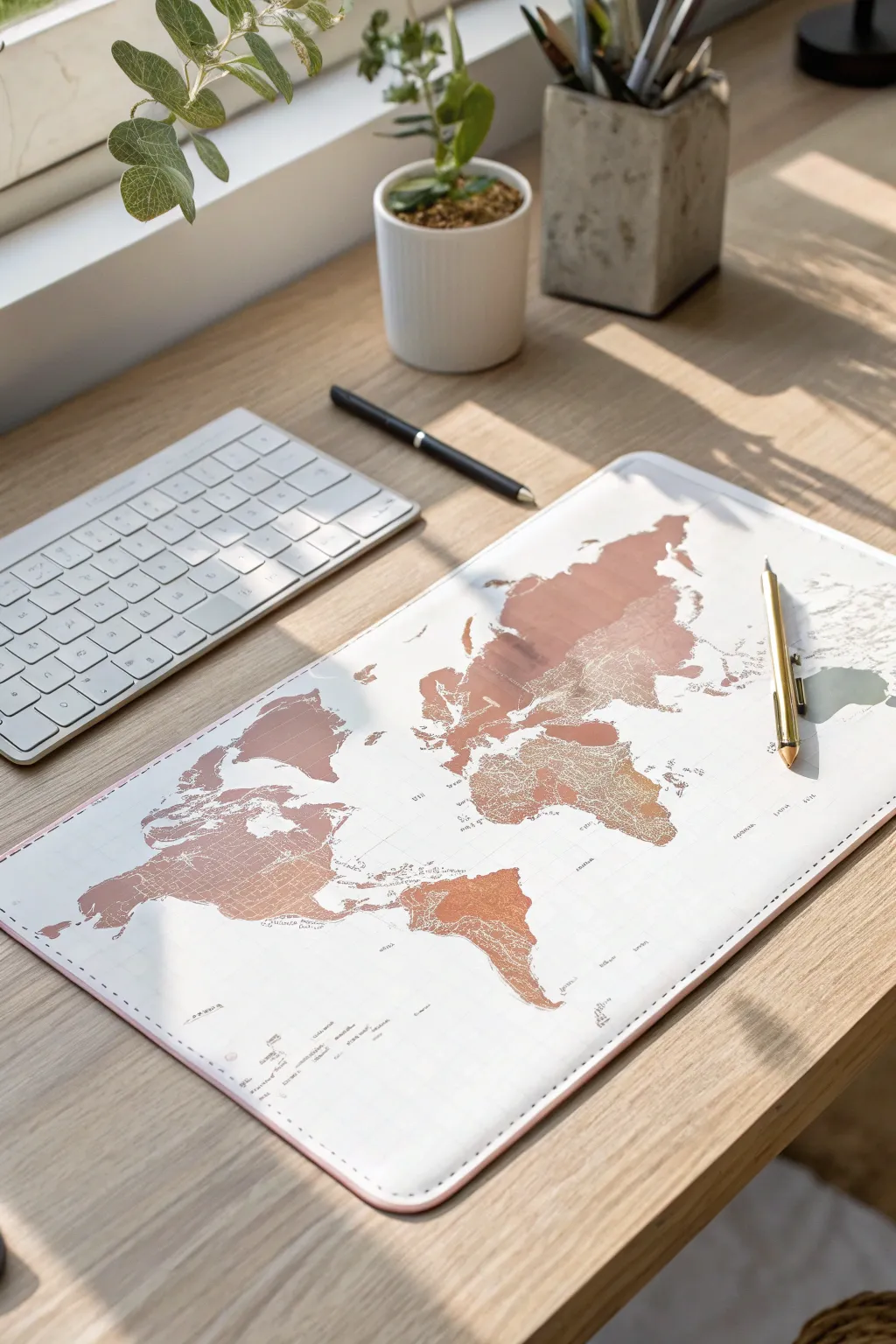 Wanderlust at your fingertips with this minimalist world map desk pad.