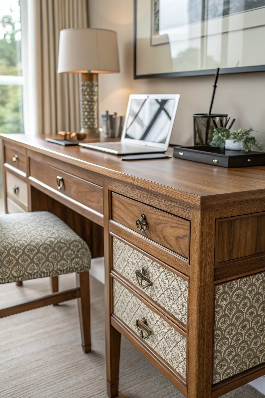Elevate your workspace with the perfect blend of texture and warmth: fabric-upholstered drawer fronts for a refined and cozy desk transformation.