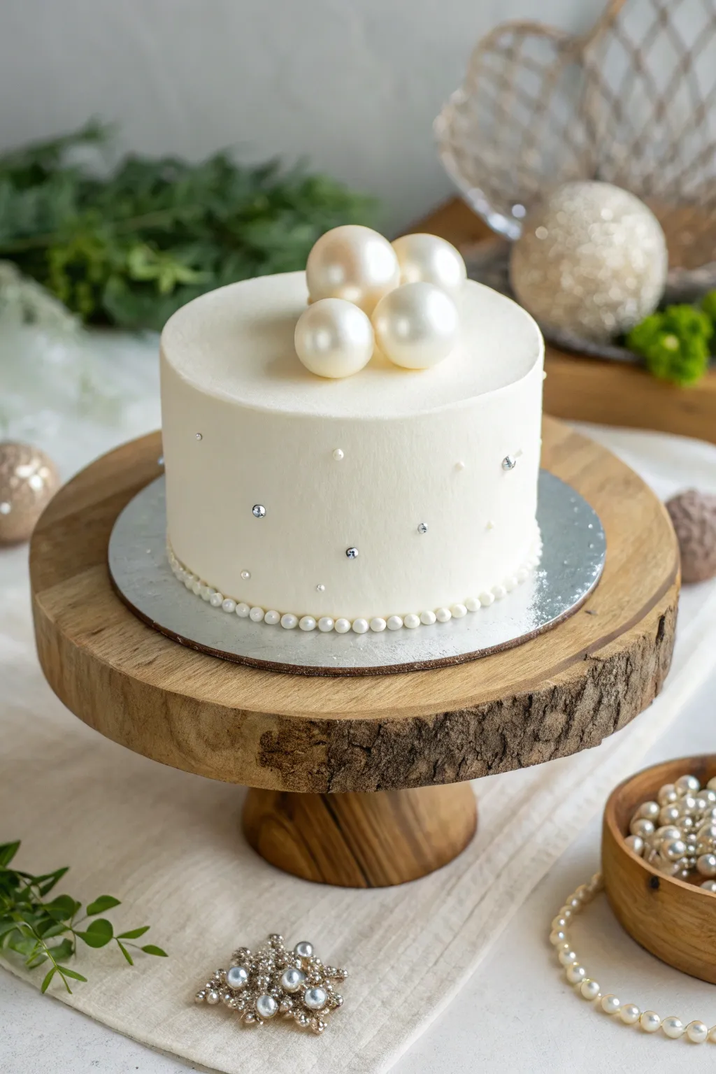 Embrace the beauty of simplicity with this minimalist chic cake, adorned with delicate pearls and diamonds.