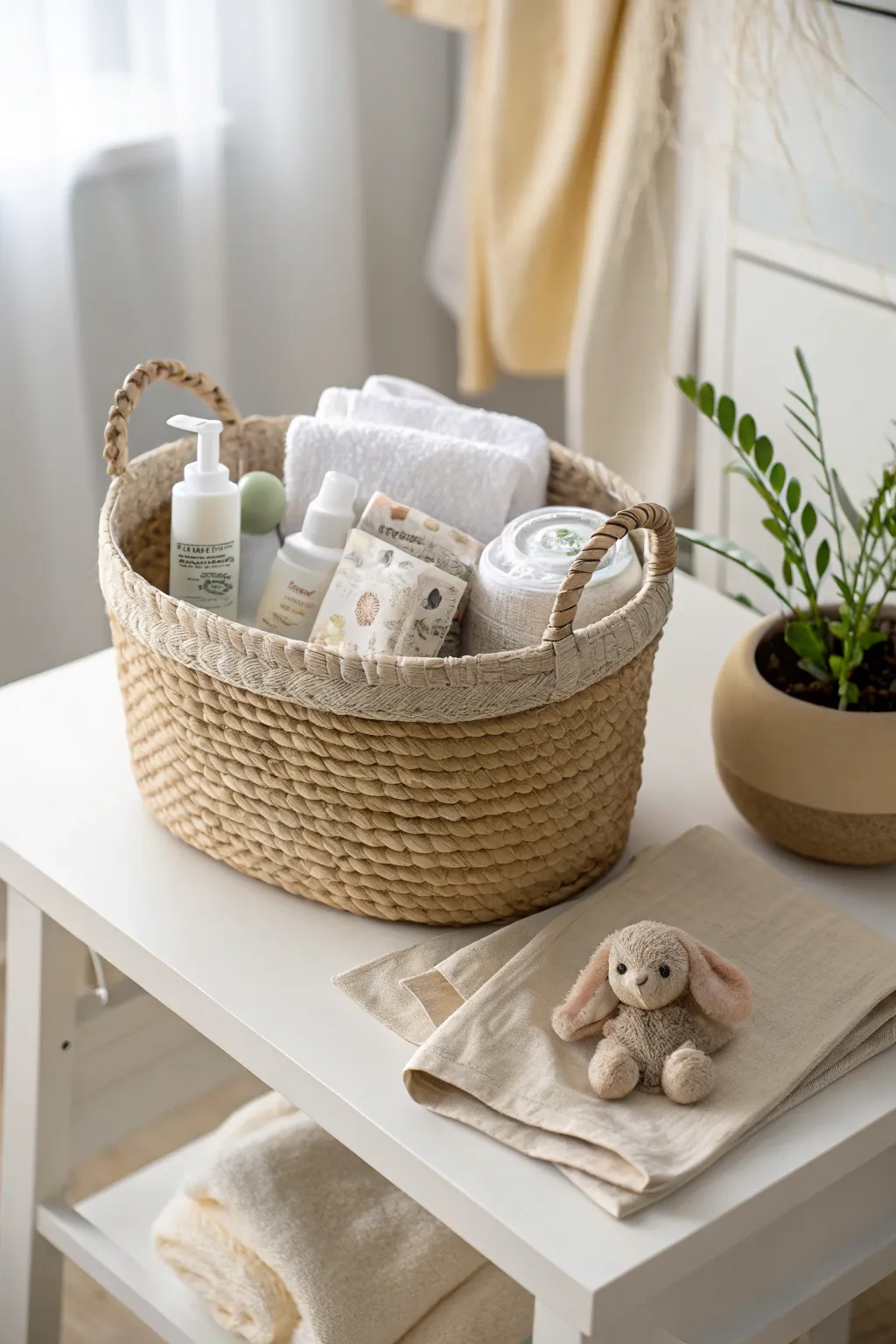 Travel in style with this chic, minimalistic diaper basket filled with all your baby's on-the-go essentials!