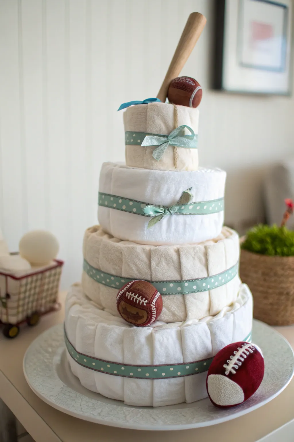 Celebrate your little one's future victories with this charming Sports Fanatic Diaper Cake!