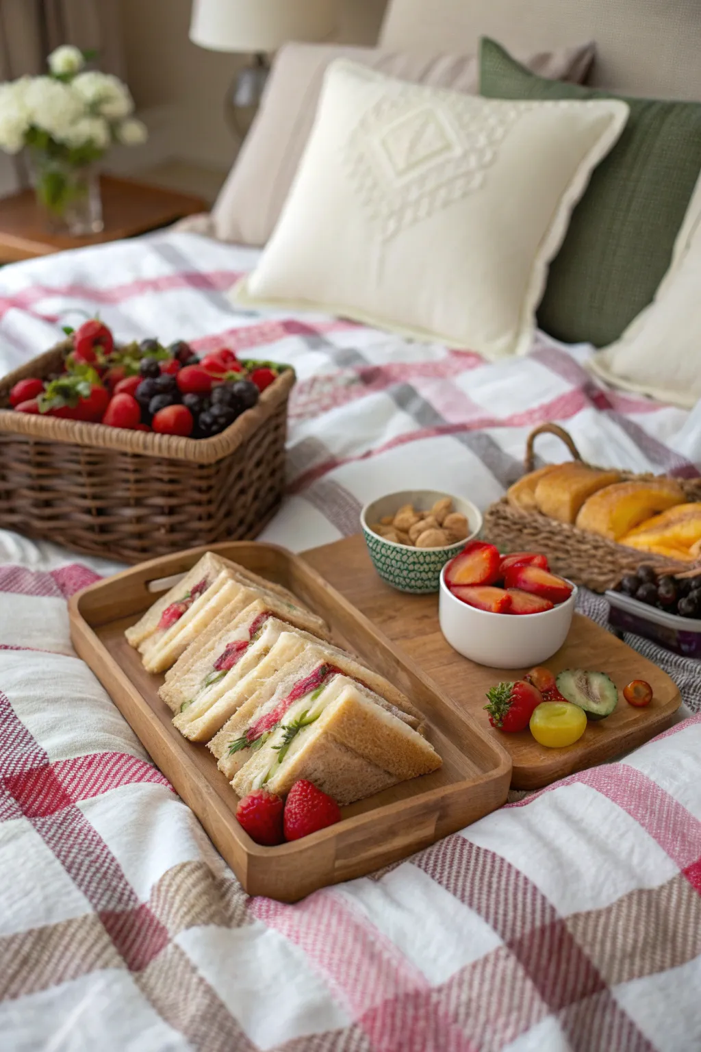 A picnic in bed brings the outdoors inside in a cozy way.