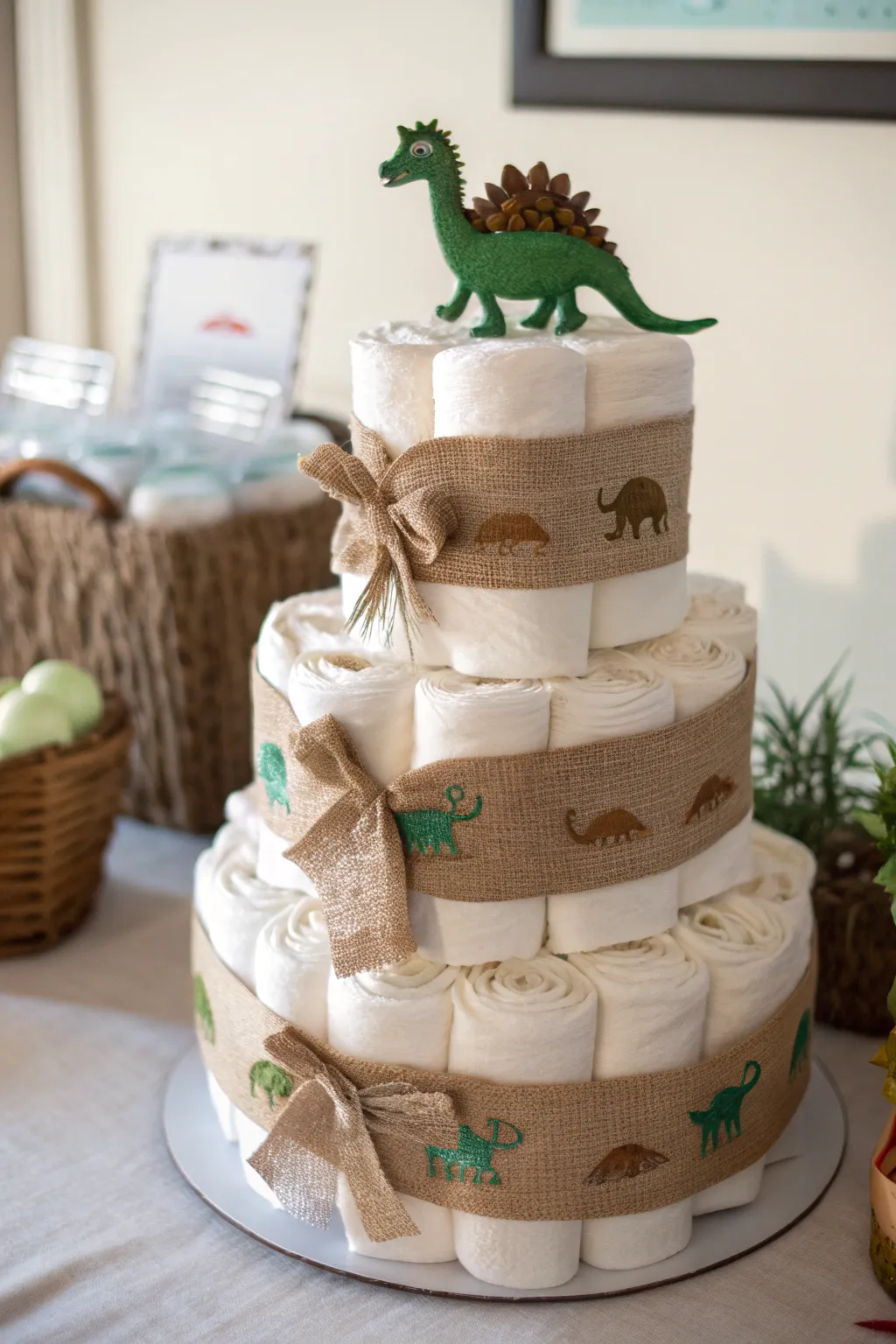 Discover the rustic charm of this dinosaur diaper cake, where simplicity meets natural beauty.