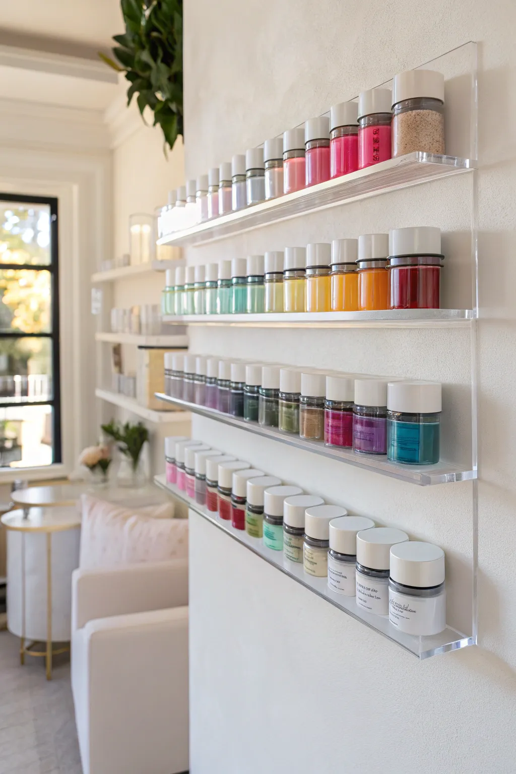 Elevate your workspace with chic acrylic shelves for a modern touch of elegance.