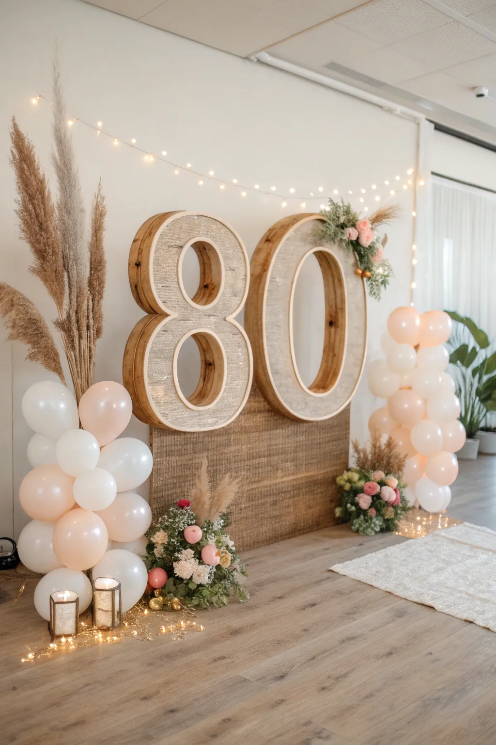 Capture the milestone moment with a stunning DIY 80th birthday backdrop, where natural beauty meets festive elegance.