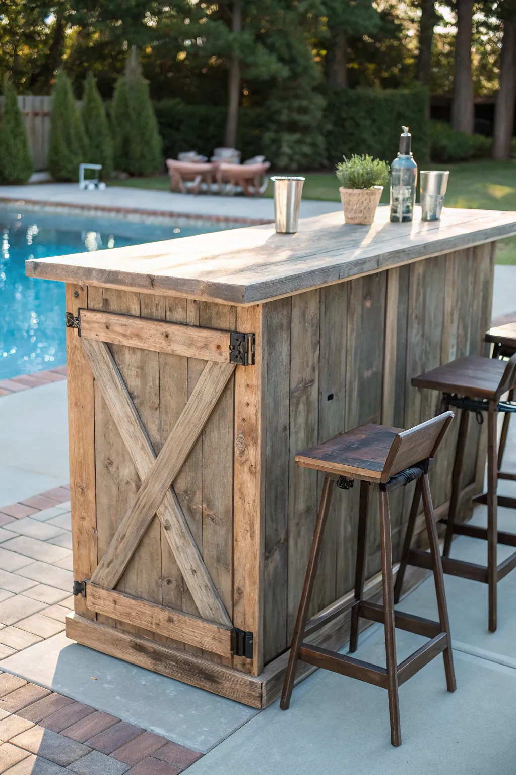 Transform an old door into a unique poolside bar and elevate your outdoor space with character and charm.