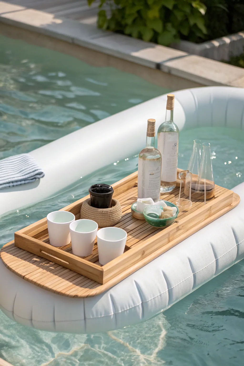 Elevate your outdoor relaxation with a chic floating drink station. Sip in style while enjoying the tranquility of your own backyard oasis.