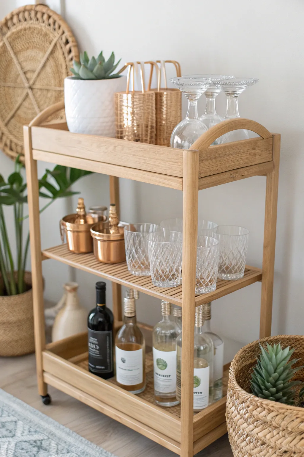 Elevate your gatherings with a stunning minimalist bar cart that combines style and functionality.