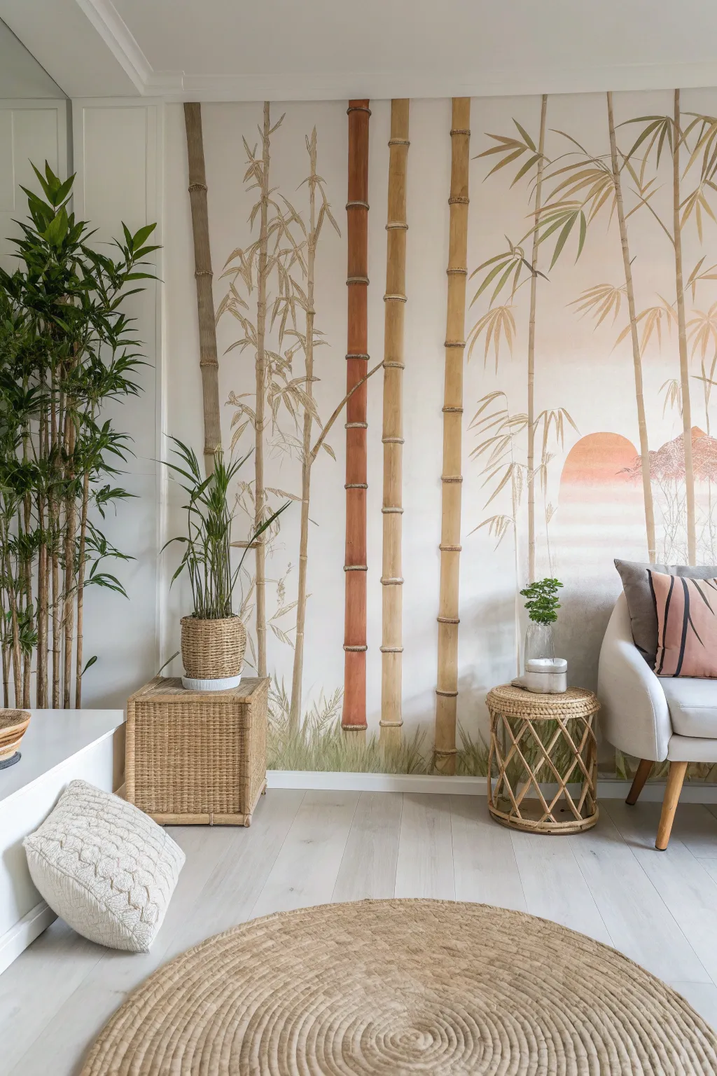 Bring the beauty of nature indoors with a stunning bamboo wall mural that captures the essence of a serene sunset. 🌿✨ #ScandinavianStyle #BohoChic