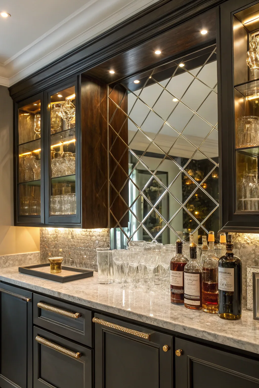 Transform your home bar with a glamorous mirrored backsplash and elevate your space with style and sophistication.