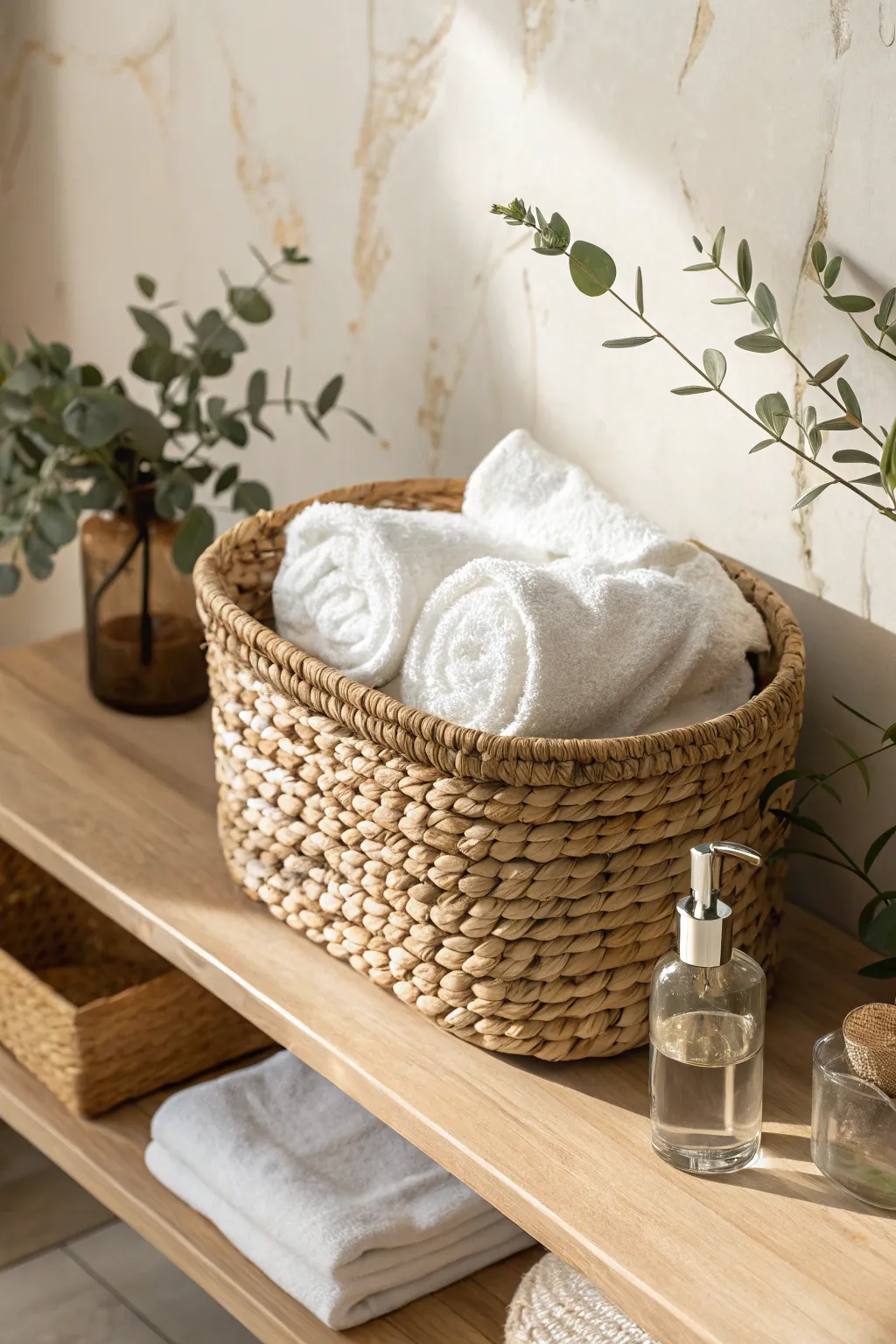 Elevate your bathroom decor with chic woven baskets for a perfect blend of style and function.