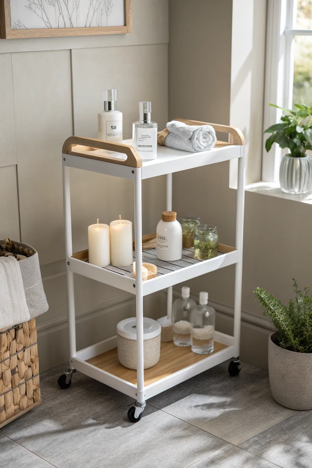 Transform your bathroom with a chic rolling cart — the perfect blend of style and function for your spa essentials.