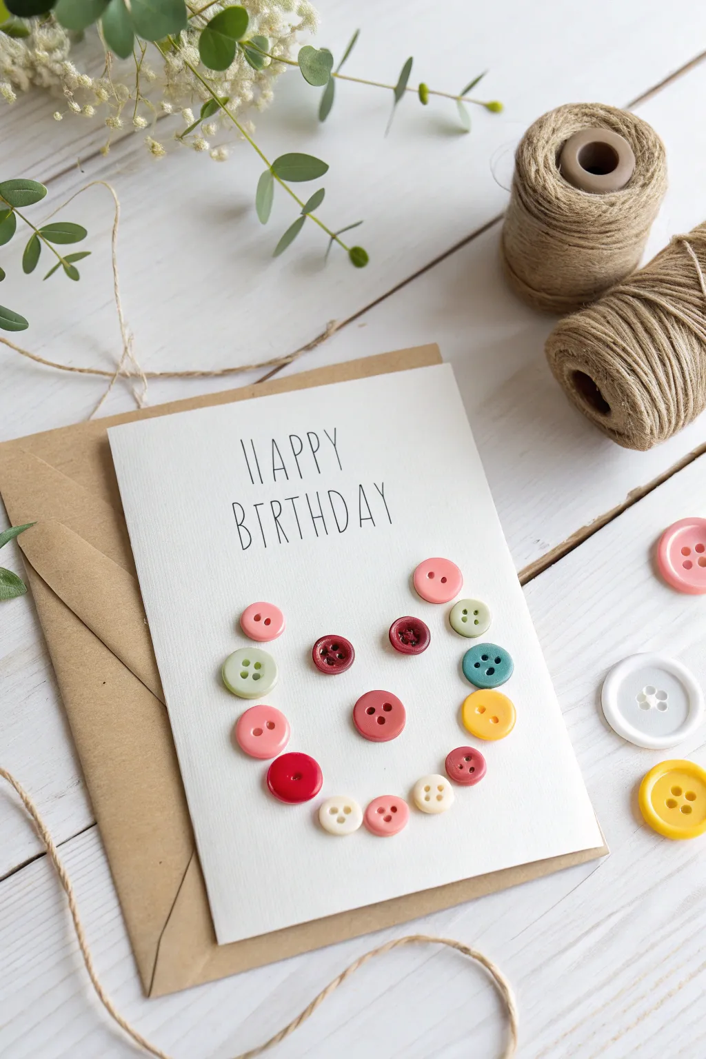 Crafting smiles: A whimsical button face birthday card idea for little artists.
