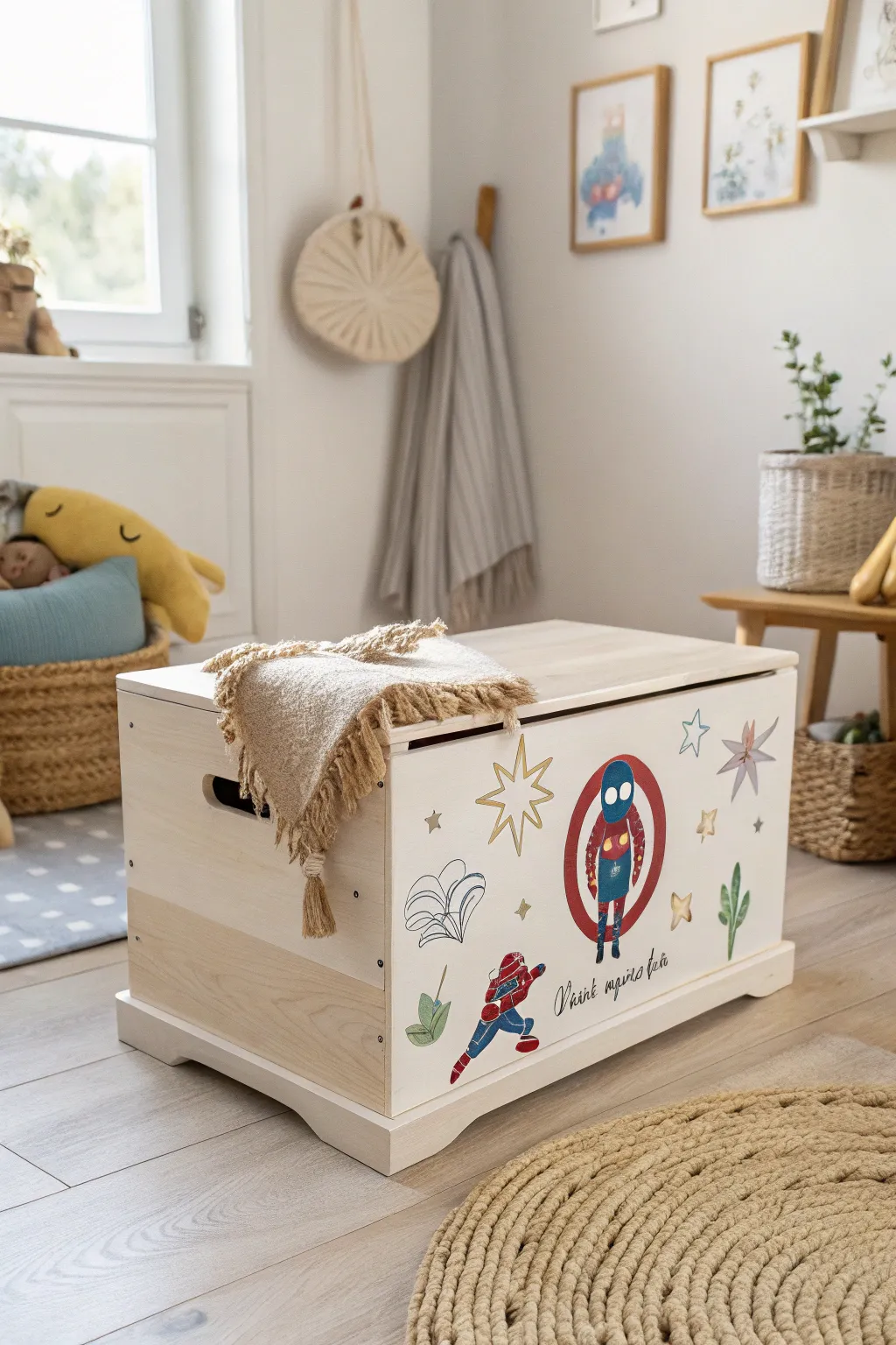Transform your child's room into a magical space with a beautifully decorated superhero toy box. #DIYMagic #ScandiBohoStyle