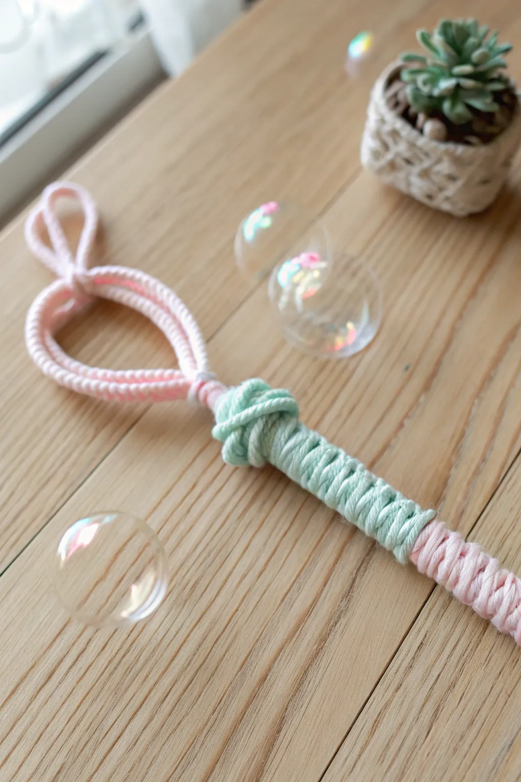 Add a touch of charm to your bubble wand with yarn-wrapped handles for a unique and beautiful grip.