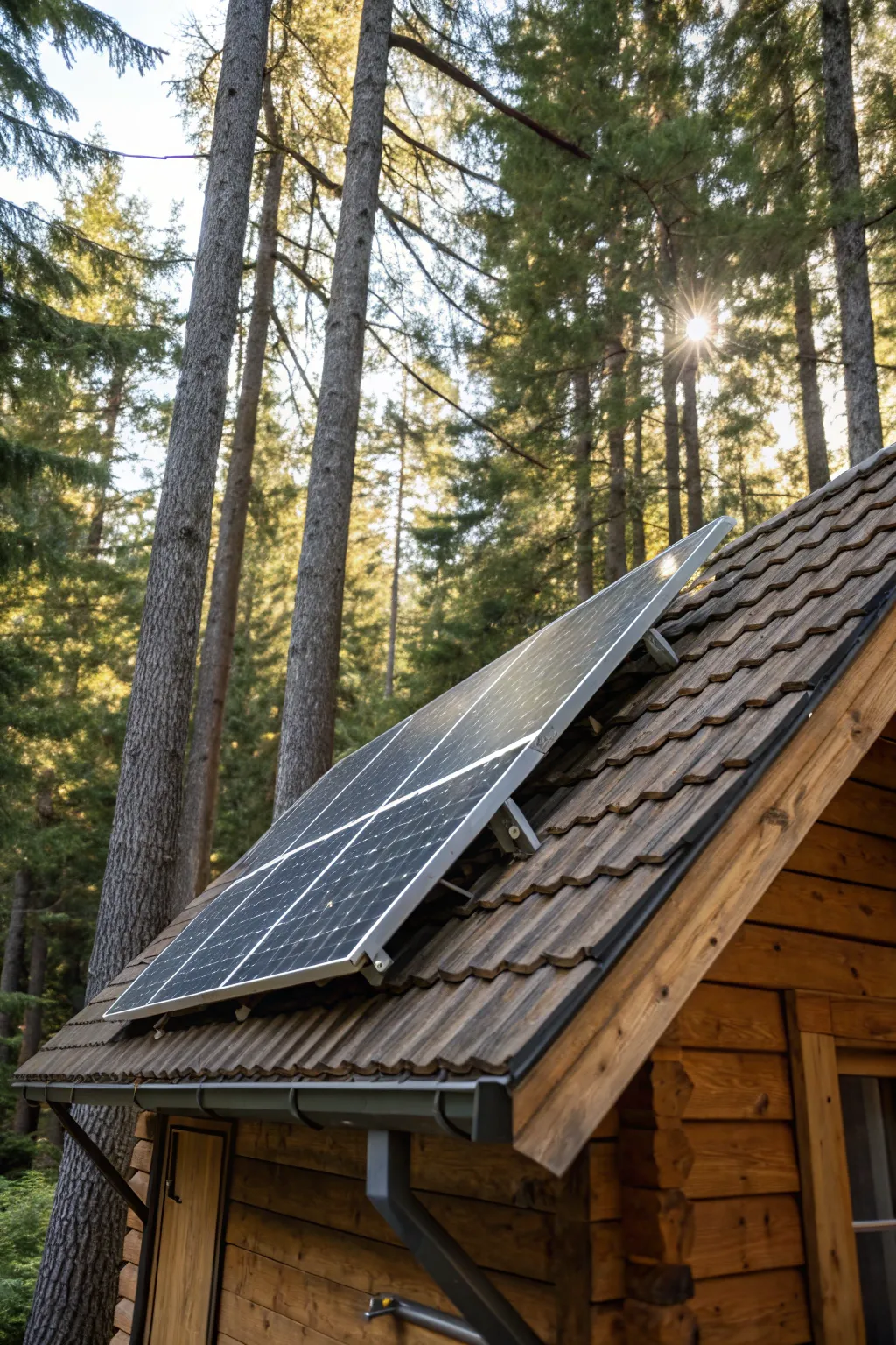 Harness the sun's power: Modern solar panels meet rustic cabin charm.