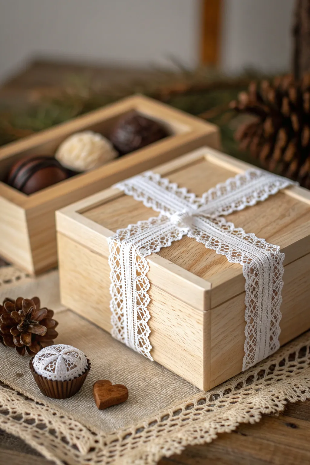 Elevate your gifting game with a touch of lace elegance on a minimalist chocolate box.