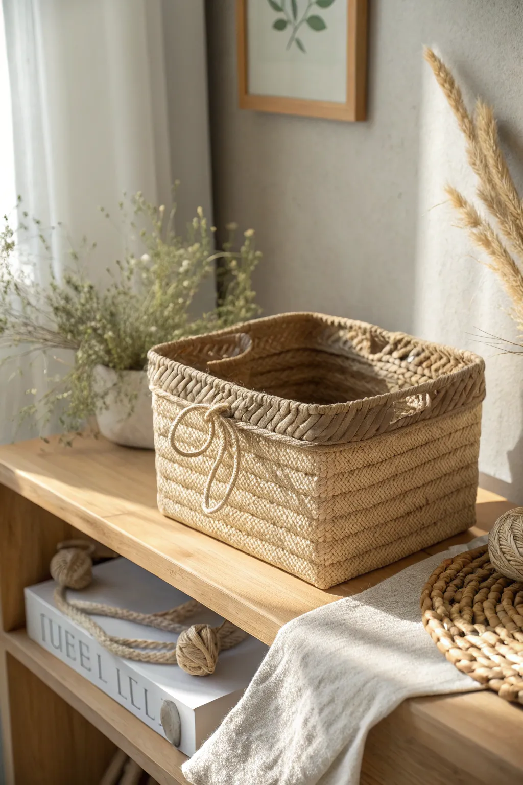 Transform ordinary cardboard boxes into beautiful twine-wrapped baskets for a stylish and functional addition to your home.