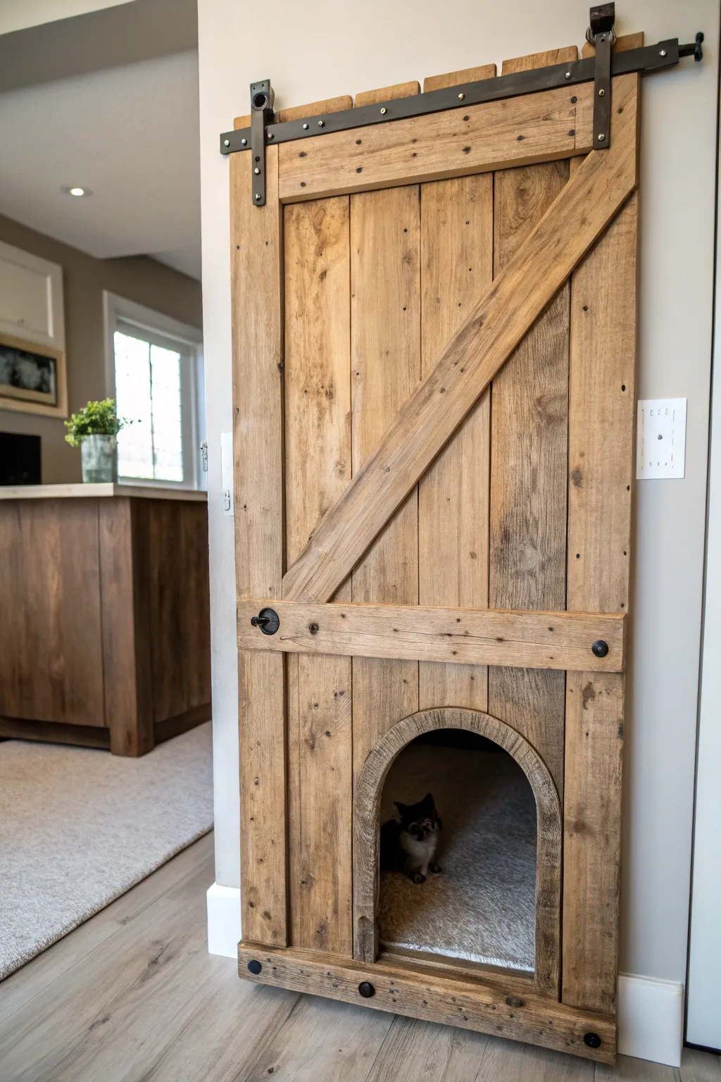 Elevate your space with a stylish sliding barn door featuring a sleek cat passage—where rustic charm meets modern functionality.