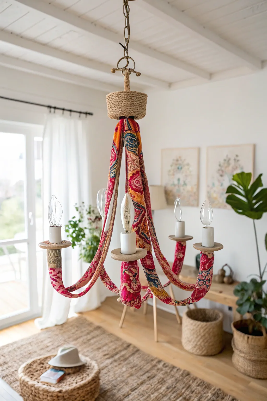Transform your space with a splash of color: DIY fabric-wrapped chandelier makeover!