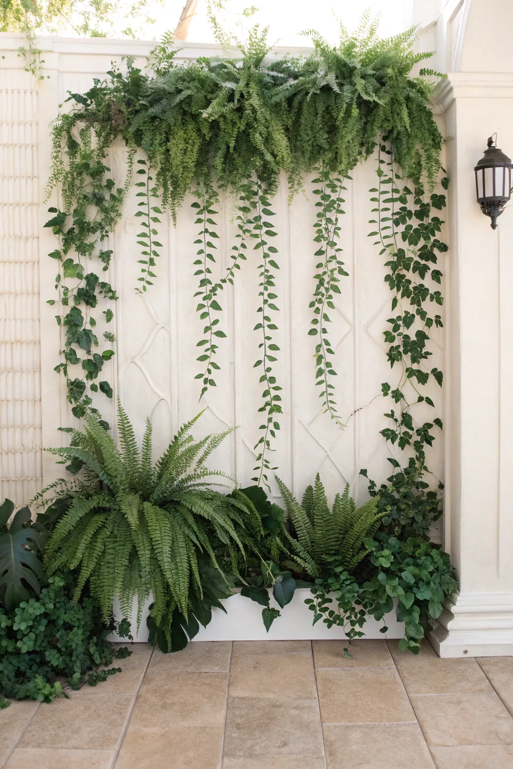 Elevate your wedding decor with a chic faux greenery wall – timeless beauty without the fuss.